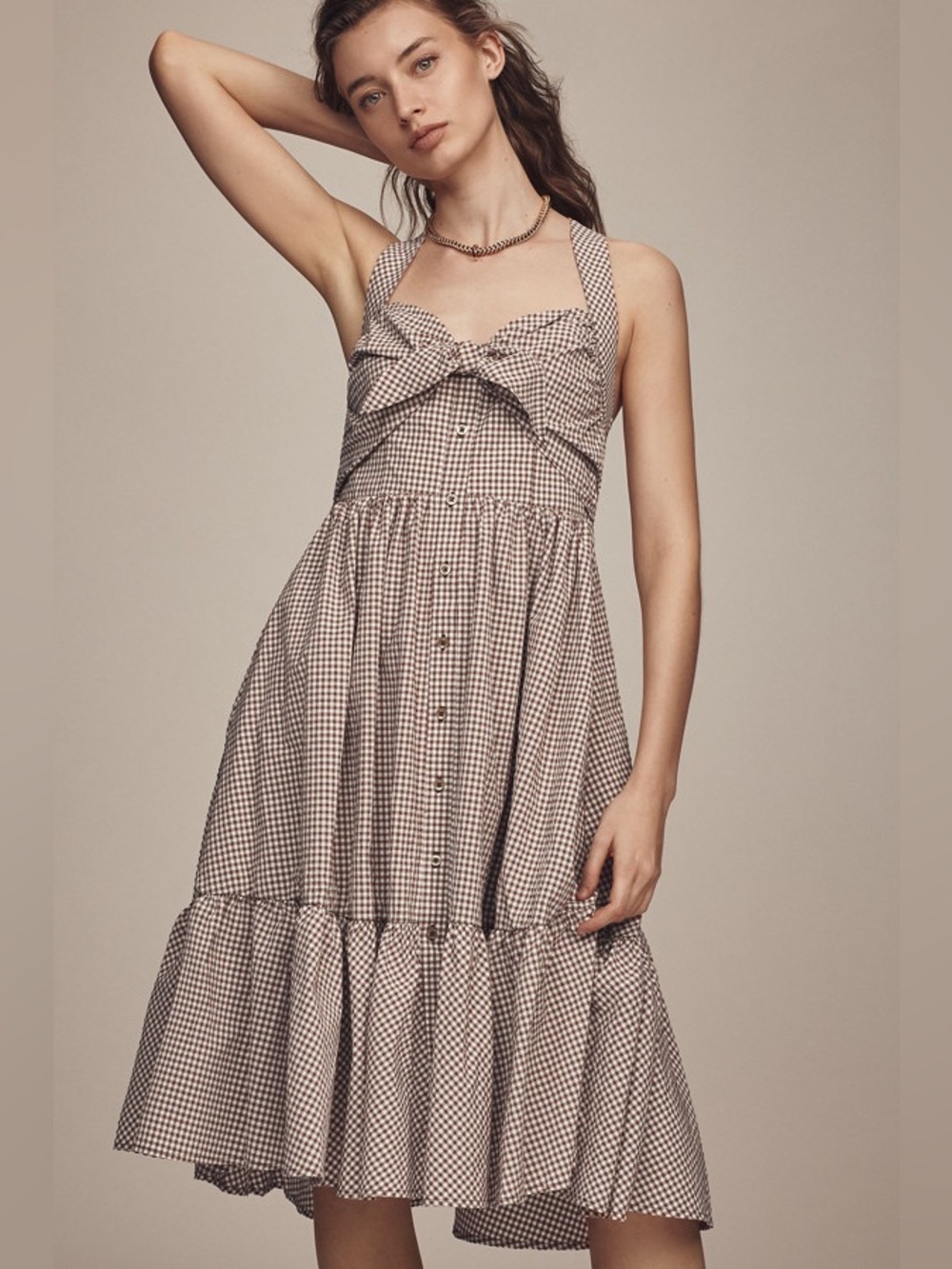 Maeve halter bow front midi dress